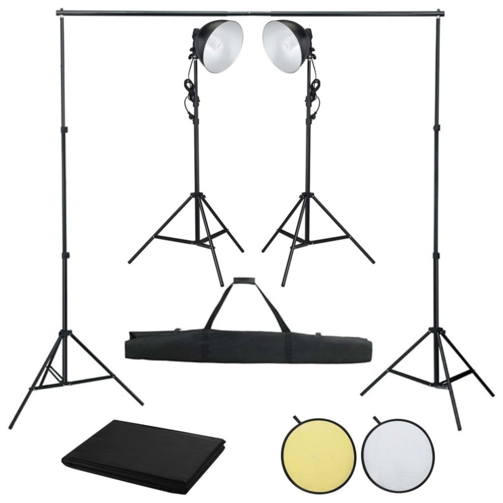 Photo studio set with studio lamp, background and reflector